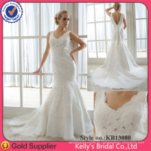 Vestido de casamento em caminha V profundo V Back Beaded Lace Wedding Dresses With Sleeves